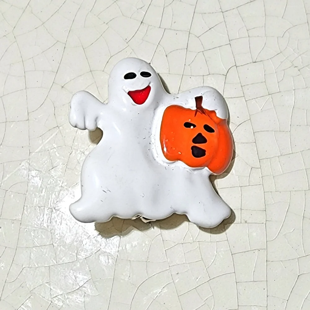 Happy Halloween ghost with pumpkin brooch